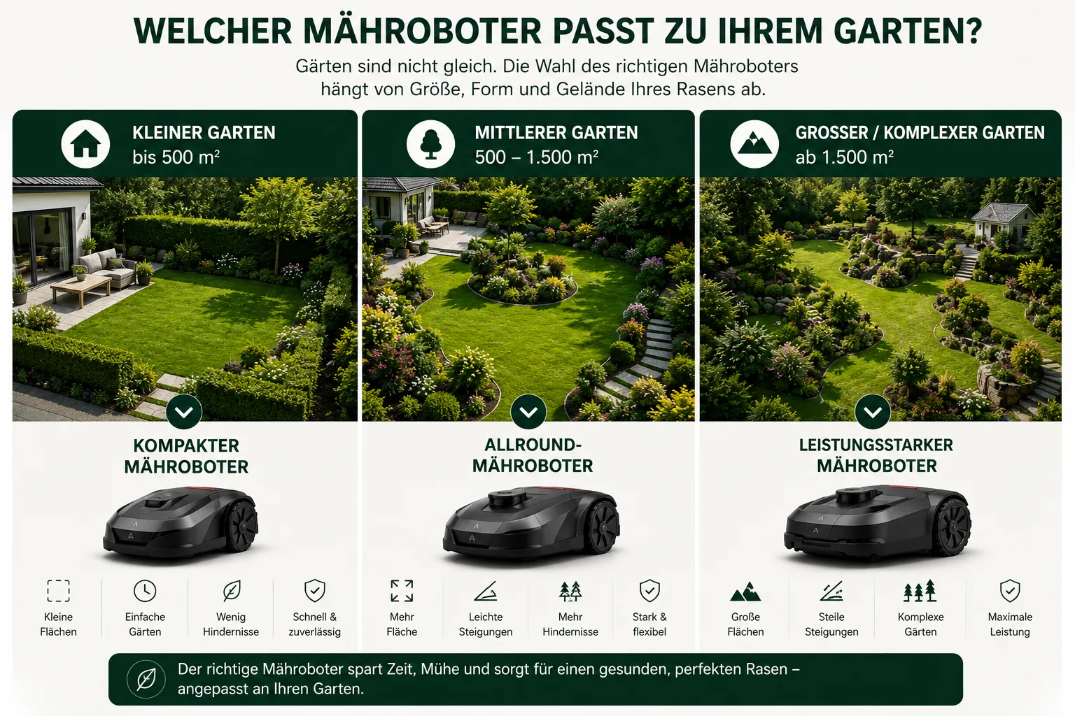 Übersicht zur Auswahl eines Mähroboters für kleine, mittlere und große Gärten