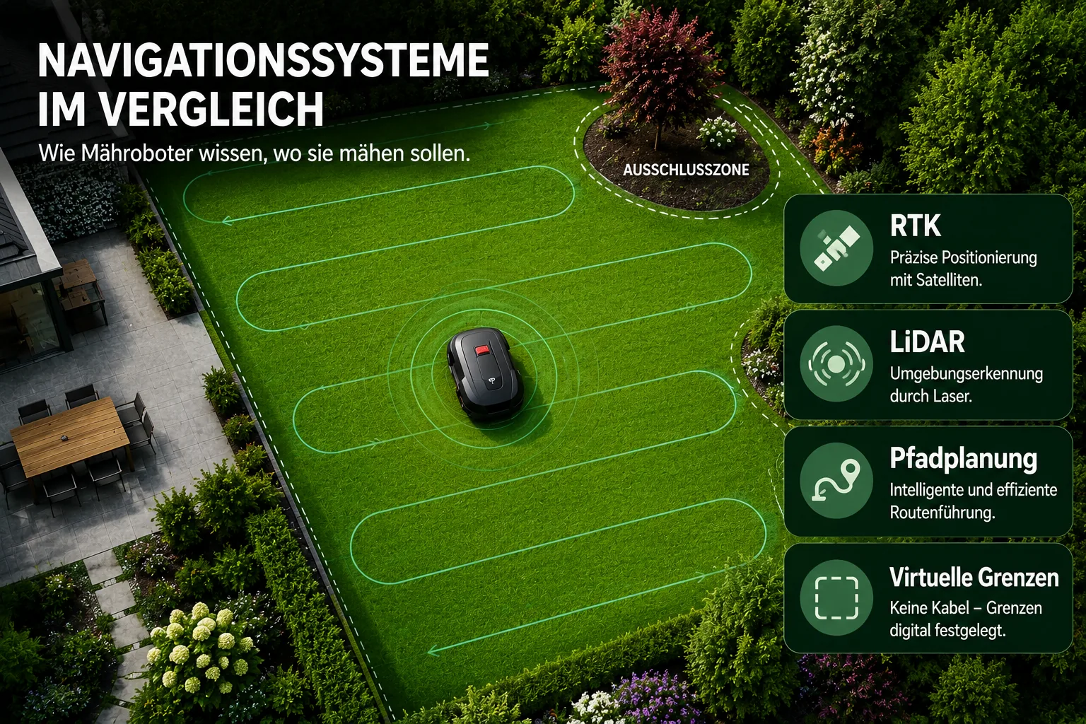Navigationssysteme bei Mährobotern: RTK, LiDAR, Pfadplanung und virtuelle Grenzen