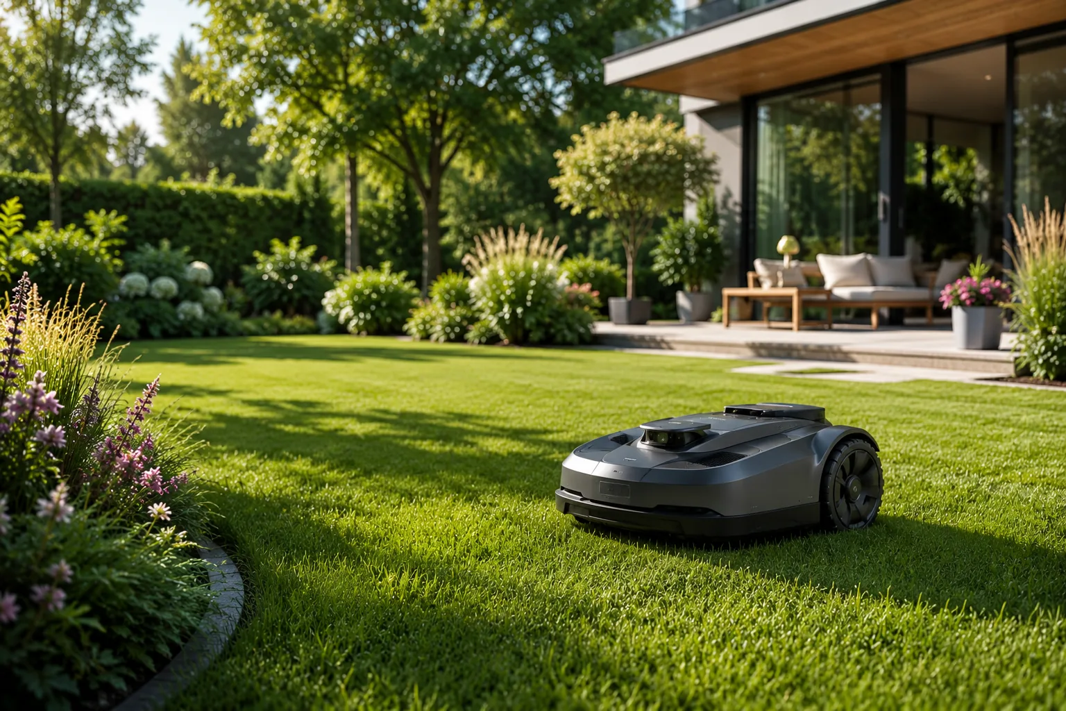 Moderner Mähroboter in einem gepflegten Garten