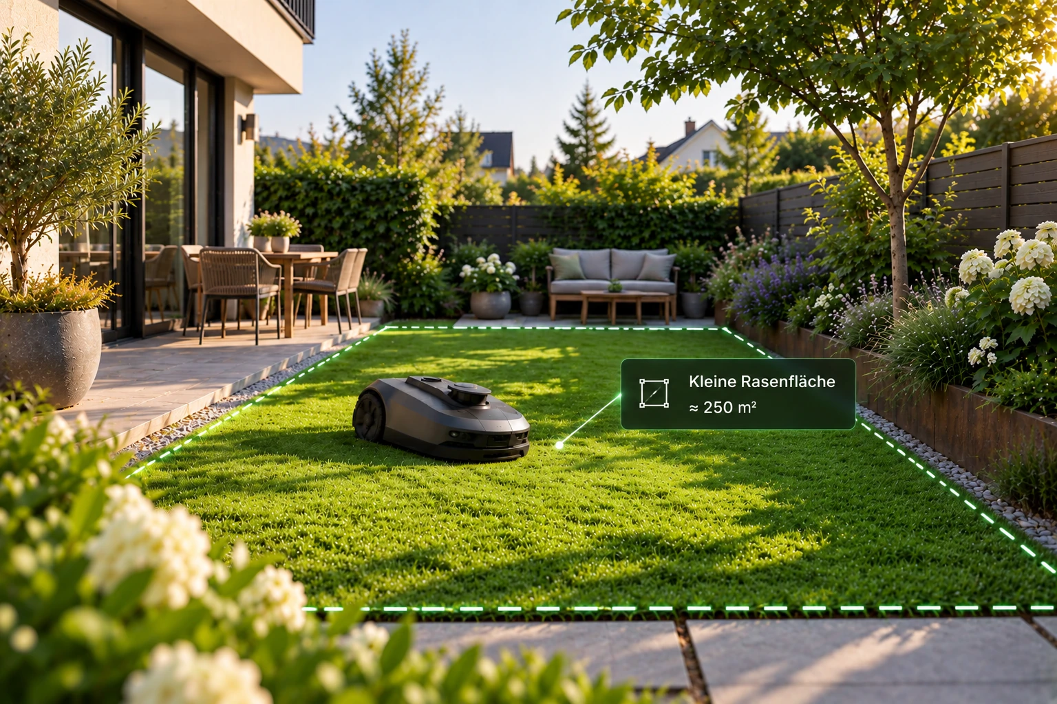 Mähroboter in einem kleinen Garten mit markierter Rasenfläche von etwa 250 Quadratmetern