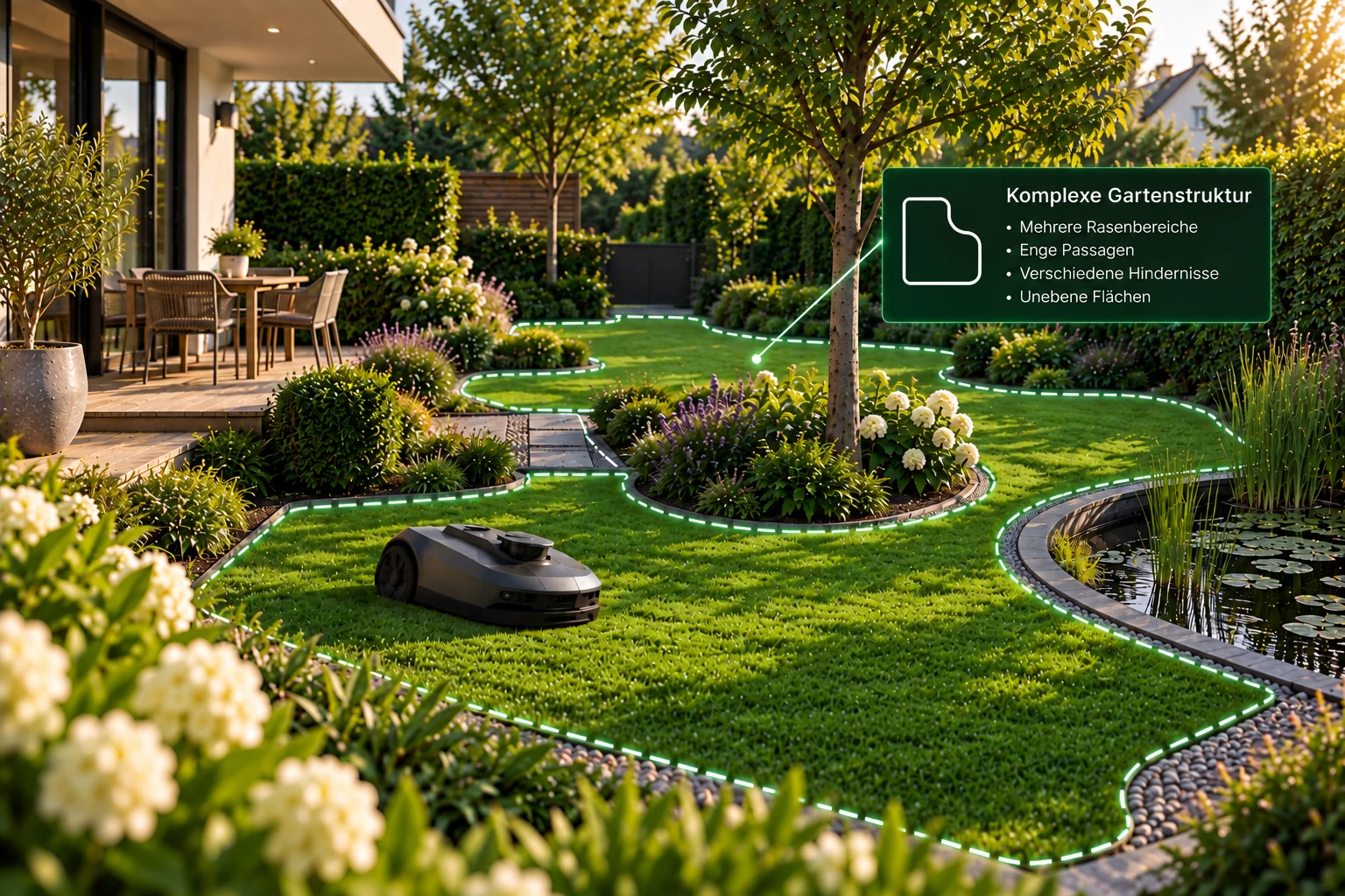 Mähroboter in einem komplexen Garten mit mehreren Rasenbereichen, engen Passagen und Hindernissen