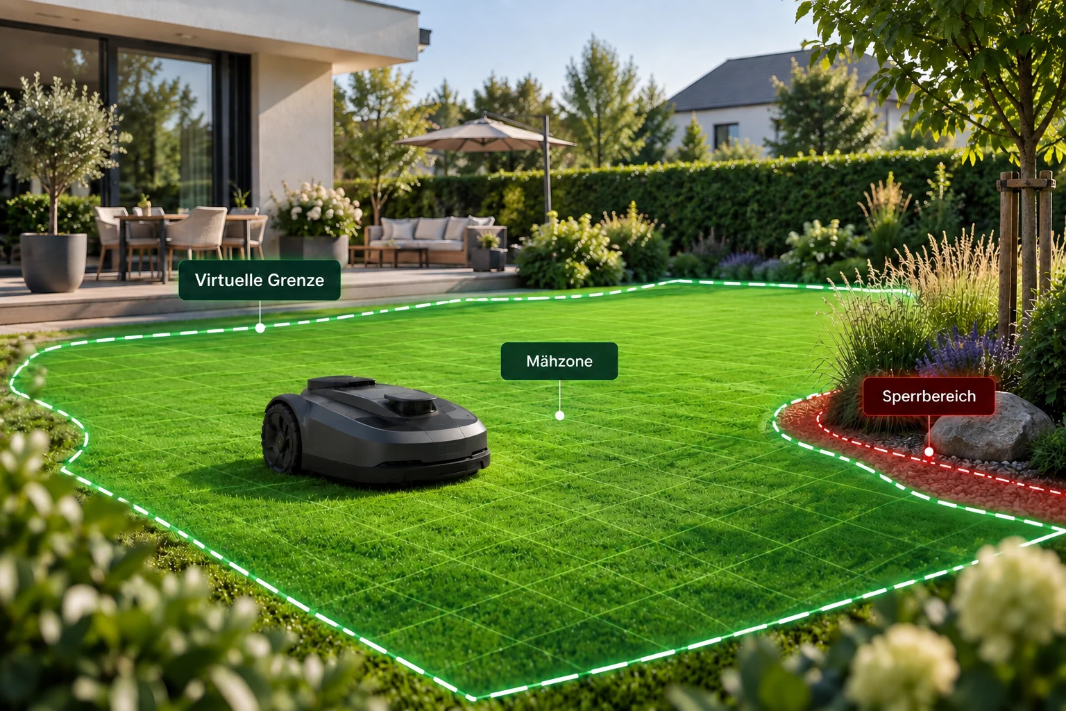 Mähroboter mit virtueller Grenze, Mähzone und digitalem Sperrbereich im Garten