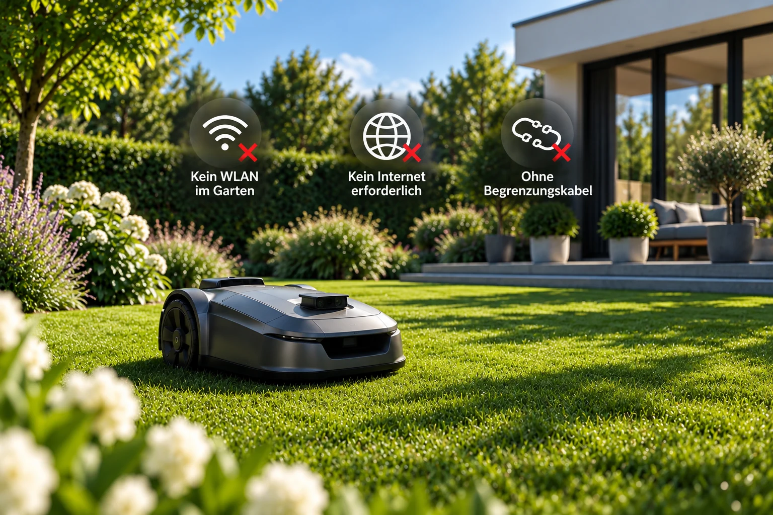 Mähroboter im Garten mit Symbolen für WLAN, Internet und Begrenzungskabel